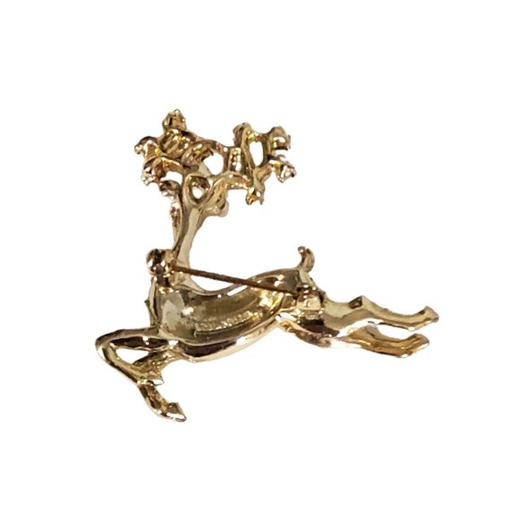 1960s Vintage Bright Gold Leaping Reindeer Pin With Red Jewels Holiday Brooch - Picture 2 of 5